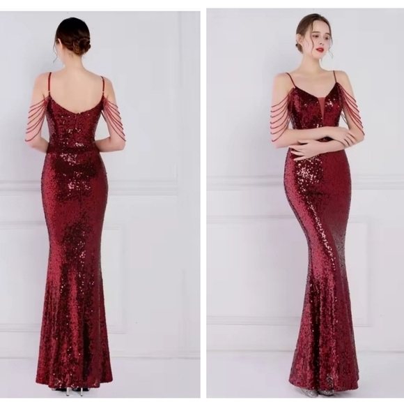 Gllamorous Wine Sequin Backless Dress - Picture 2 of 13